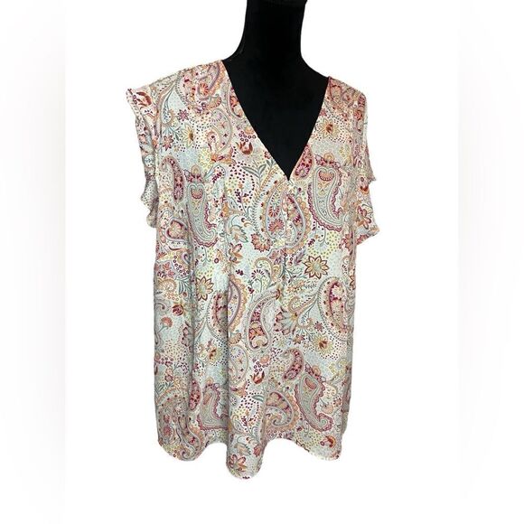NWT CYNTHIA ROWLEY WOMENS PAISLEY V-NECK SHORT SLEEVE SUMMER BLOUSE SIZE 3XL - Picture 7 of 10
